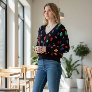 Zara v-neck popcorn knit crochet sweater black with multicolor fruit size small